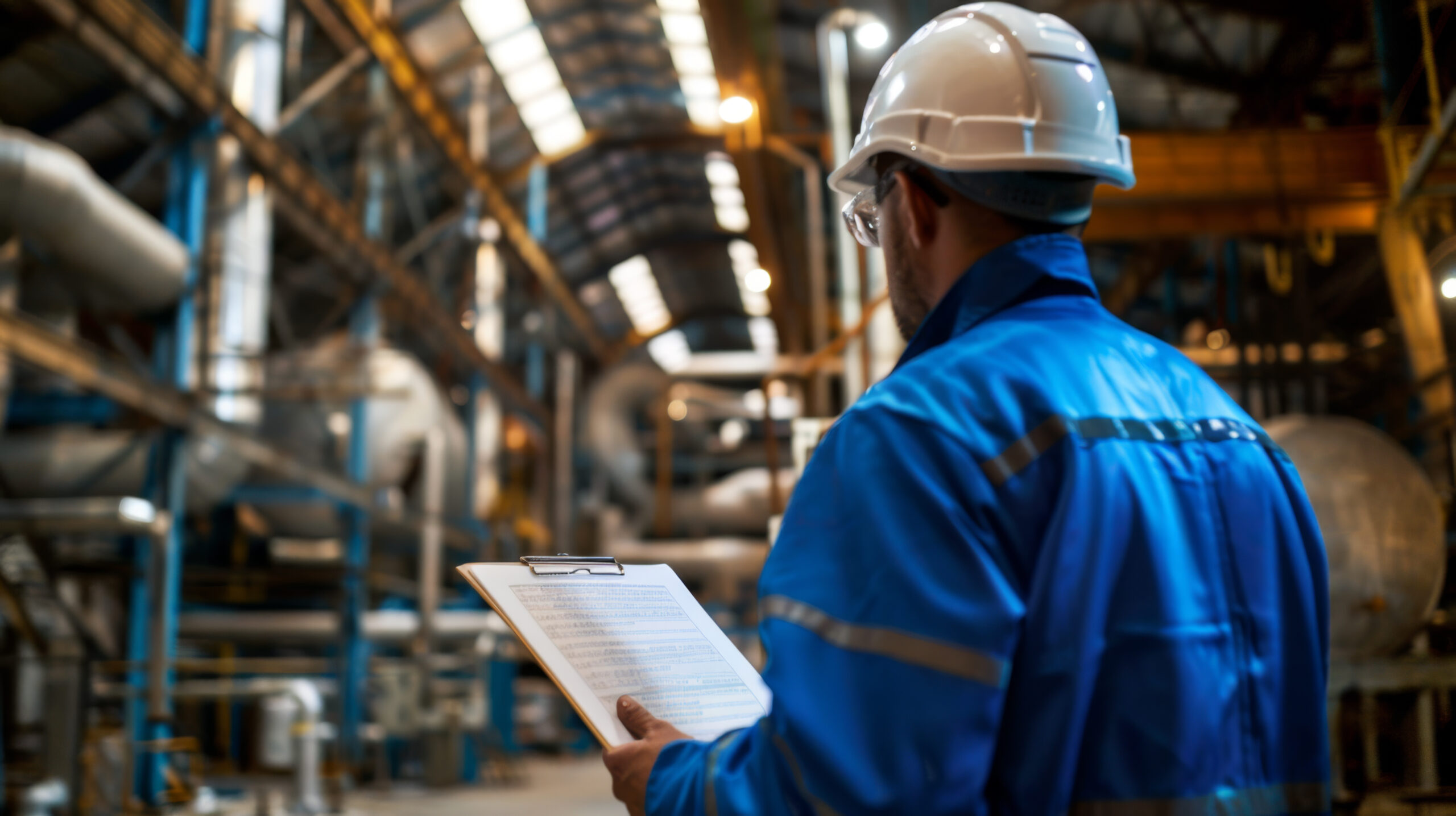 An engineer in a blue uniform with a safety helmet is inspecting a petrochemical plant with a clipboard in hand, surrounded by intricate metal structures and pipelines